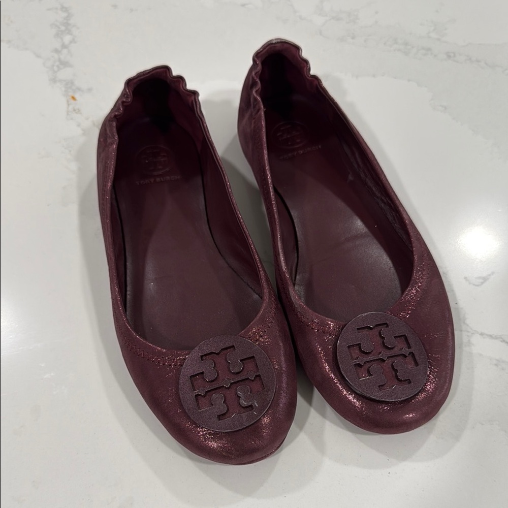 Tory Burch Burgundy Leather Flats with Signature Logo
